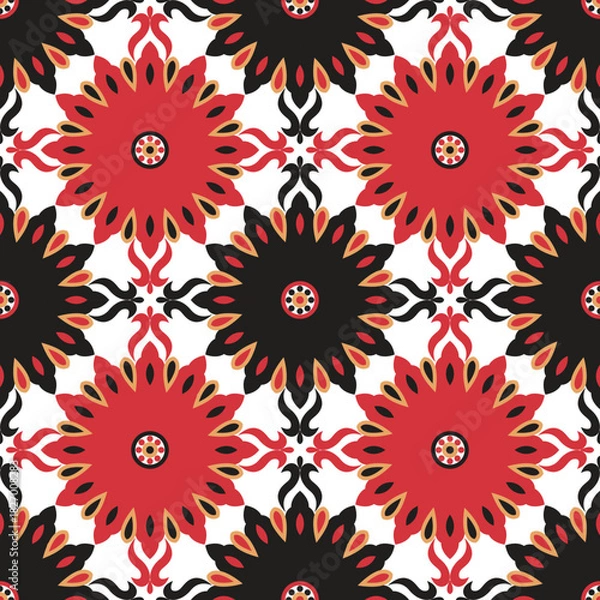 Obraz Red Flower on Black and White seamless Pattern