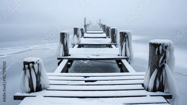 Obraz Frozen pier stretching into the misty horizon on a cold winter day, covered in snow and icicles, creating a serene and isolated landscape scene