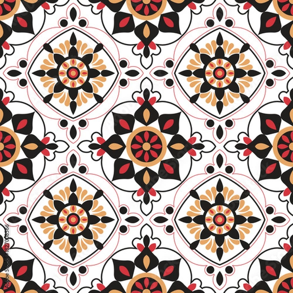 Obraz Red Flower on Black and White seamless Pattern