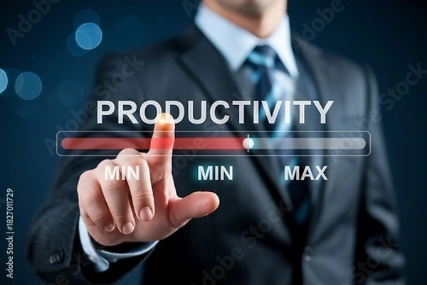 Fototapeta Businessman touches screen displaying productivity progress bar