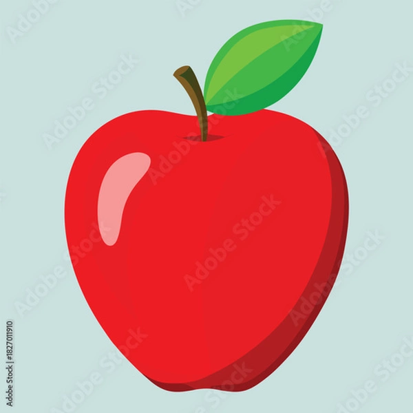 Obraz Vector illustration of a fresh, ripe red apple with a green leaf, symbolizing healthy, natural food and diet