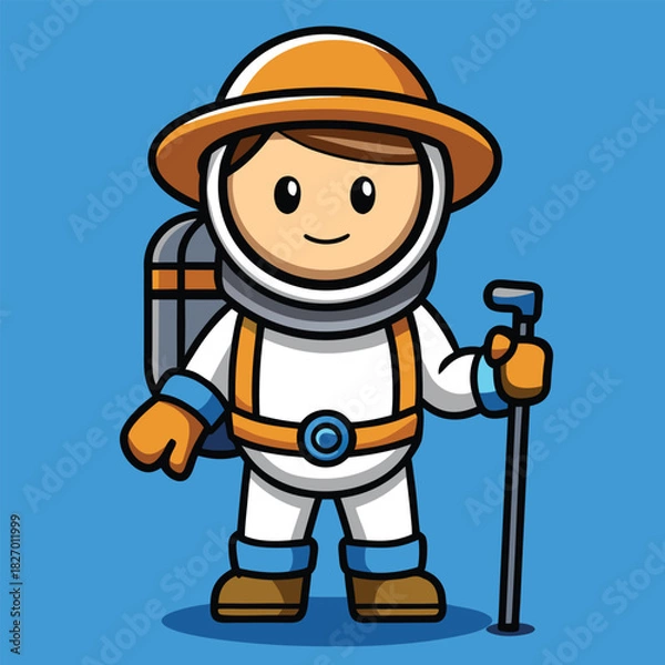 Obraz Cartoon builder and farmer vector illustration characters with shovel and bucket, featuring a smiling worker in a professional uniform or helmet