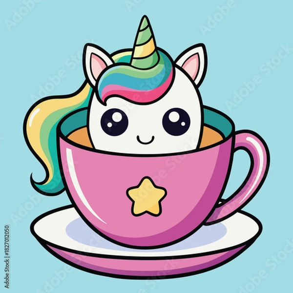 Obraz Cute vector illustration of a cartoon cat and dog character drinking hot tea and coffee with a cake design icon
