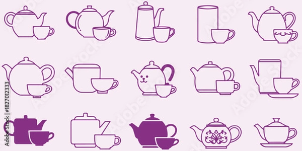Fototapeta Tea Set Icons, Collection Of Teapot Cup And Kettle Symbols For Beverage Design Project Management And Home Applications

