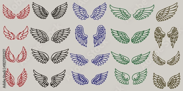 Fototapeta Angel Wings, Hand Drawn Colored Feather Set for Decorative Design and Creative Artwork Elements Collection
