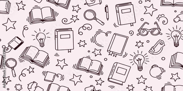 Fototapeta Hand Draw Education Pattern, Collection Of Book Lightbulb And Star Symbols For Learning Design Project Management And School Applications

