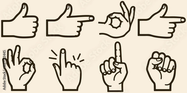 Fototapeta Hand Draw Hand Gesture Icons, Collection Of Thumb Up Point And OK Symbols For Communication Design Project Management And UI Applications

