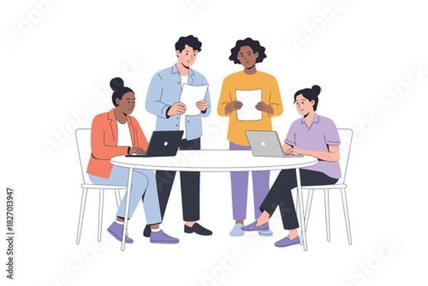 Fototapeta Illustration of four people working at a round table with laptops papers