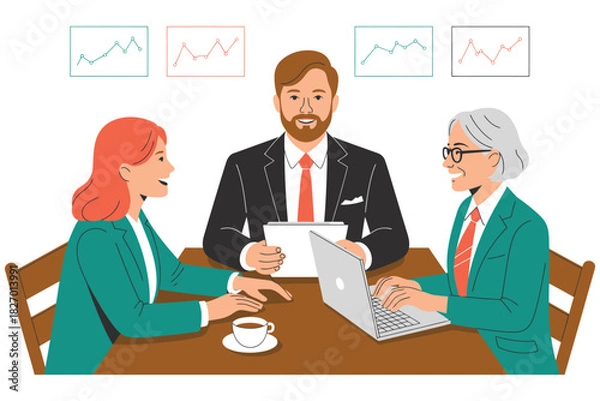 Obraz Three business people at a table with laptop and charts in the background