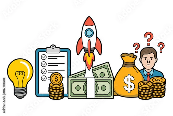 Obraz Illustration showing a rocket launching from money with business elements near