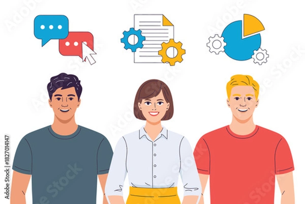Obraz Three people with icons of communication document and chart above them