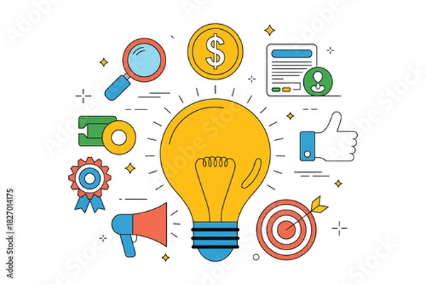 Obraz Illustration of a lightbulb surrounded by marketing and business icons