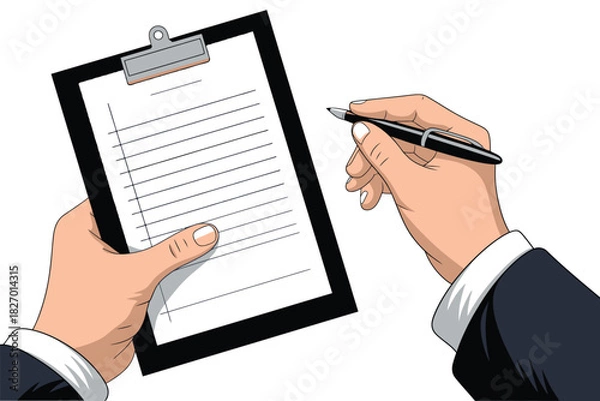 Obraz Illustration of hands holding a clipboard and pen ready to write on it
