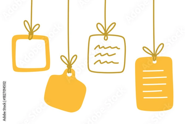Obraz Illustration of four yellow tags hanging from strings on a white background