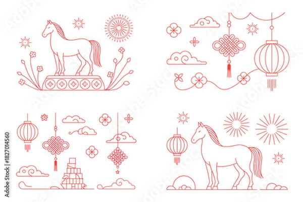 Obraz Four illustrations of chinese new year elements in red outline on white background