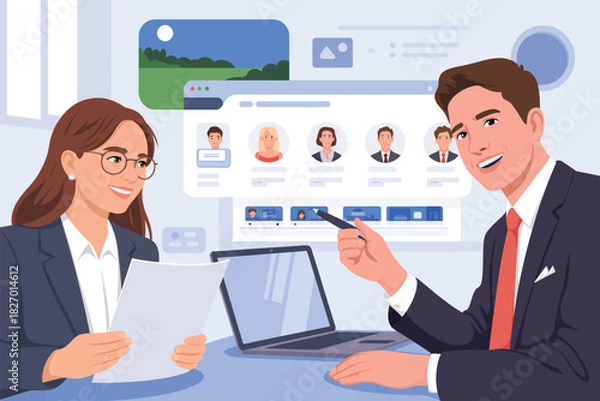 Obraz Illustrated woman holding paper and man pointing at profiles on a laptop screen