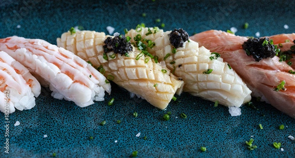Obraz Nigiri sushi platter featuring shrimp, squid, tuna, and caviar