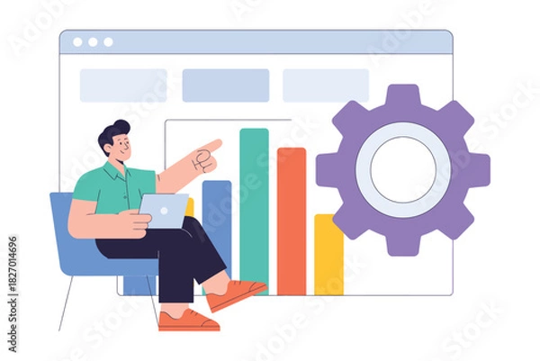 Obraz Man with laptop pointing at bar graph and gear icon on a computer screen