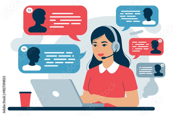 Obraz Illustration of woman with headset and laptop surrounded by chat bubbles
