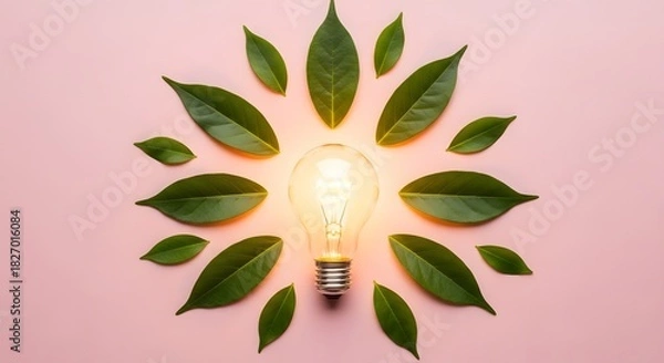 Obraz Lightbulb surrounded by green leaves on a pink background