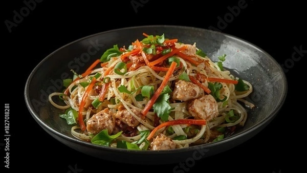Fototapeta A plate of stir-fried noodles with vegetables and meatballs, garnished with green onions, served on a dark dish.