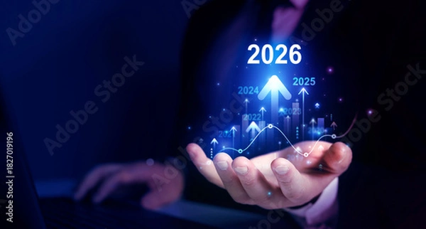 Obraz Growth and development chart of company in new year 2026.Development to success and motivation in 2026. Planning,opportunity, challenge and business strategy in new year 2026.	
