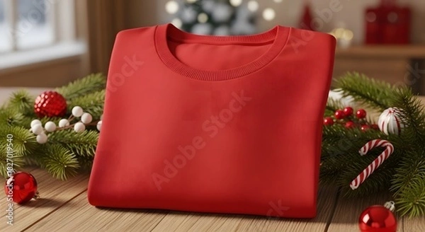 Fototapeta Red tshirt mockup with no labels, christmas decoration background