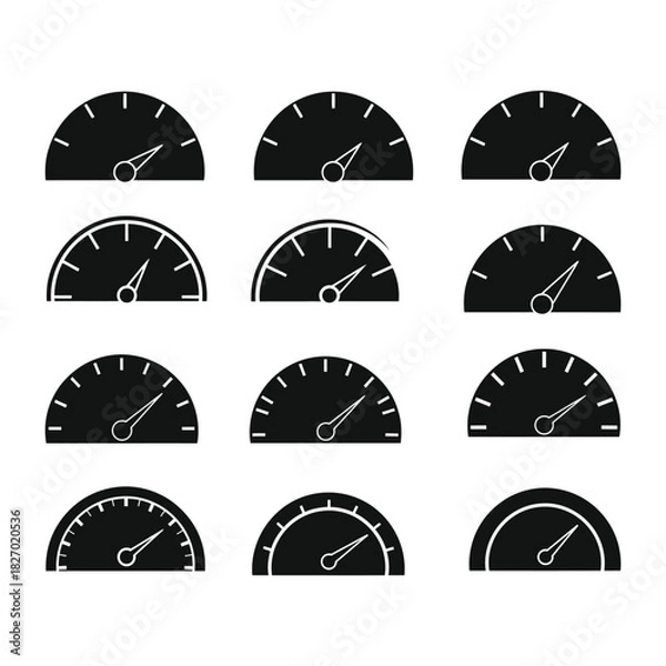 Fototapeta Collection of black speedometer icons isolated on white background, various styles