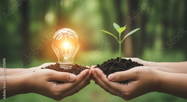 Obraz Hands holding lightbulb and seedling in soil for green energy concept