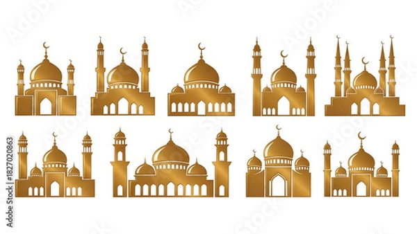 Fototapeta Golden Mosques Silhouettes: Luxurious Islamic Architecture Icons for Branding, Decor, and Celestial Inspiration
