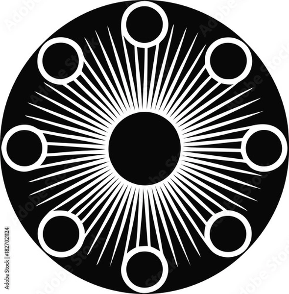 Fototapeta Abstract black and white radial design with circles and radiating lines