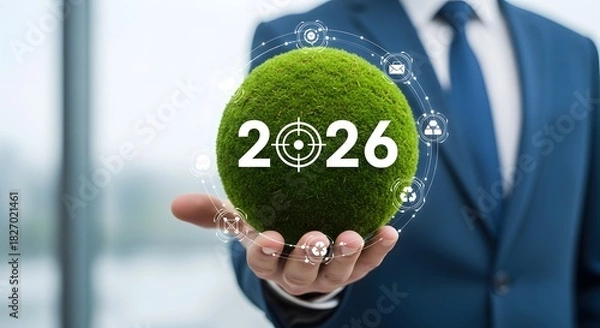 Fototapeta Businessman holding green sphere with 2026 target for sustainable future