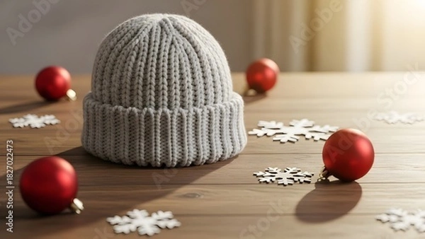 Fototapeta Christmas Beanie Mockup on Wooden Table with Ornaments