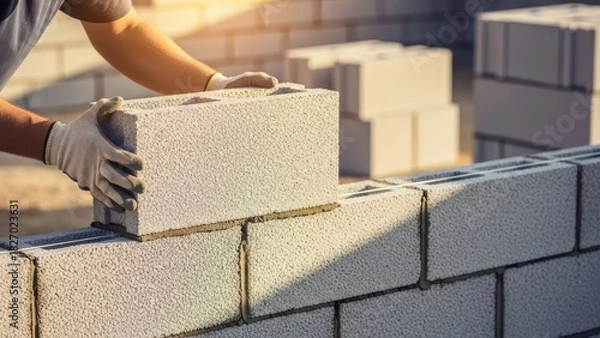Obraz Man builder laying aerated concrete block on construction site. Masonry work on new house building foundation for wall. Industry worker at work.