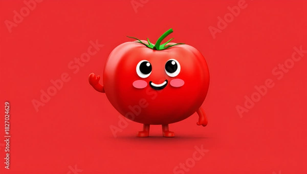 Fototapeta Playful and Adorable 3D Cartoon Tomato Character Waving with a Cheerful Smile, Poised on a Bright Red Background, Emitting a Sense of Freshness and Happiness, Generative AI