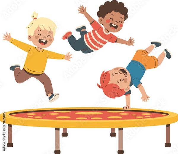 Fototapeta Three happy cartoon kids jumping and playing on a yellow trampoline isolated on white background.