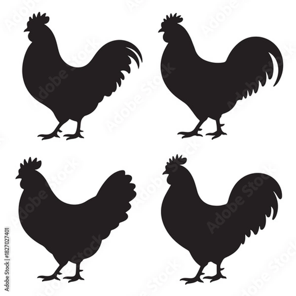 Obraz Rooster and Hen Silhouette Set – Farm Poultry Vector Collection