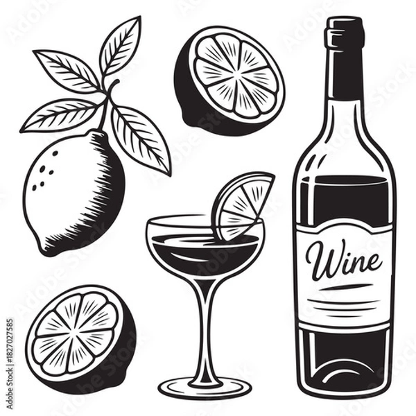 Obraz Black Vector Citrus Set with Lemon Tree Branch, Slices, Drink Glass and Bottle