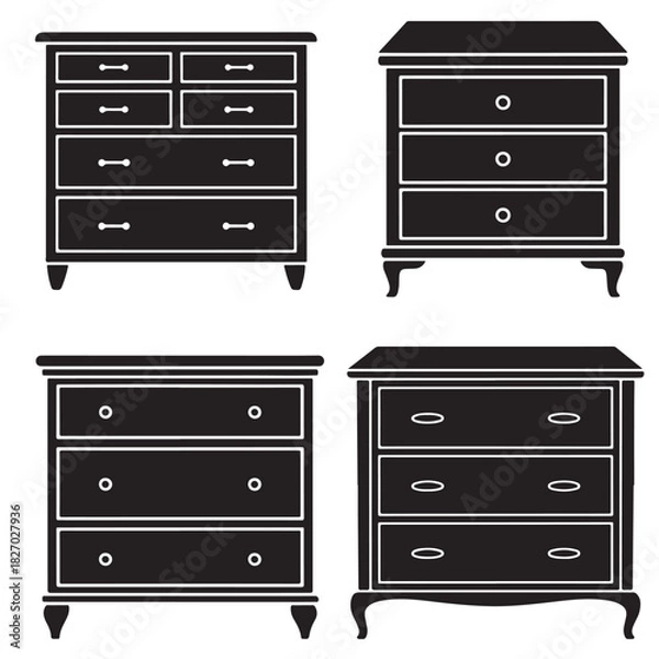 Obraz Storage Cabinet Icons – Minimal Dresser & Drawer Silhouette Vector Pack