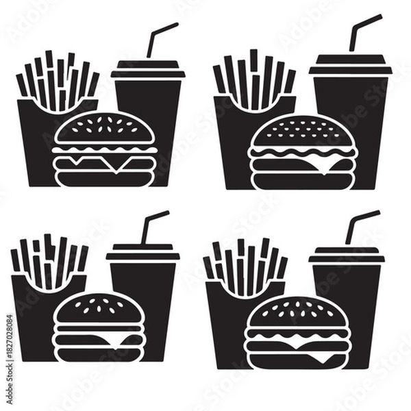 Obraz Burger, Fries & Drink Silhouette Icons – Minimal Fast Food Vector Collection