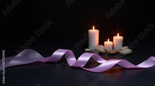 Obraz Elegant candles with lilac ribbon create a serene, calming spa atmosphere perfect for wellness promotions, spiritual retreats, or luxurious relaxation marketing campaigns