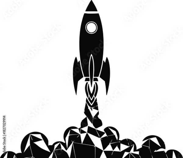 Fototapeta Rocket launch illustration in black and white representing innovation and technological advancement