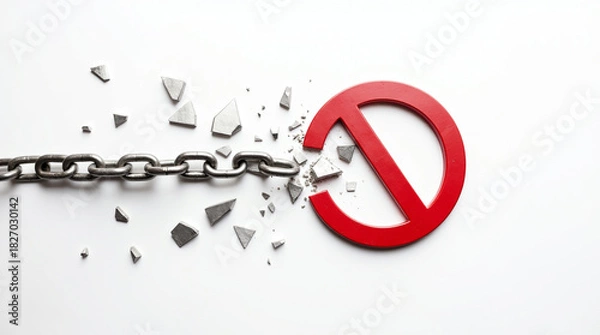 Obraz Bold freedom concept with broken chain smashing red no symbol on clean white backdrop, representing overcoming obstacles and achieving liberation from restrictions