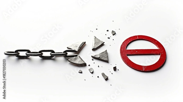 Fototapeta Break free from restrictions with this powerful image of a broken chain next to a red prohibition sign, symbolizing freedom, liberation, and overcoming obstacles