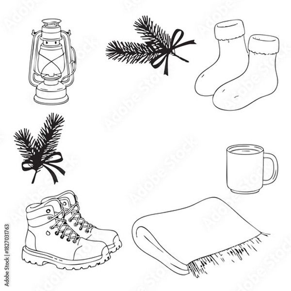 Obraz Hand drawn winter cabin accessories including lantern boots socks mug pine branches and blanket cozy