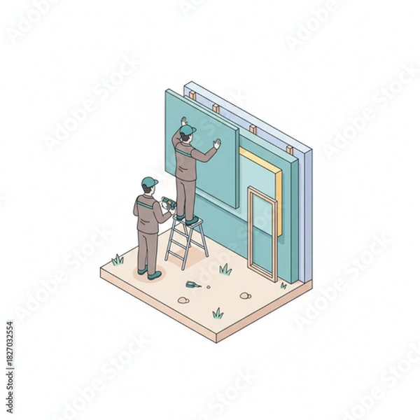 Fototapeta Flat Vector Soundproof Wall Installation by Sound Engineer Team
