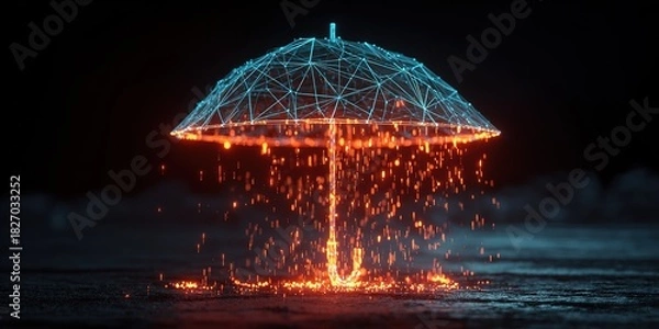 Fototapeta Umbrella made of glowing lines and lava-like liquid in a dark environment showcases creative digital art