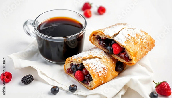 Fototapeta A golden-brown strudel with berry filling on a white linen napkin, served with a cup of black coffee. A rustic breakfast.