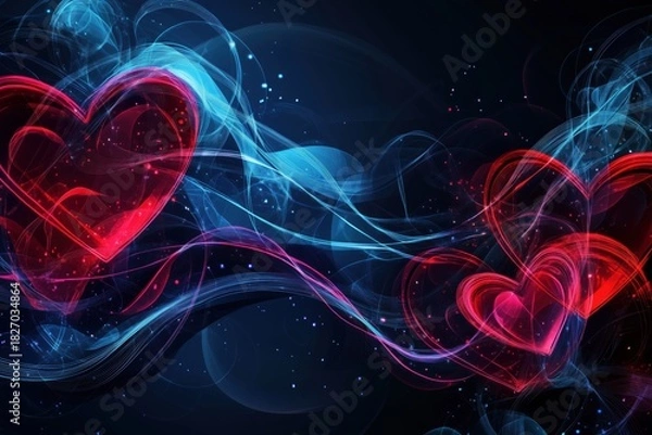Fototapeta Frame, colorful abstract hearts with bright trails of light on a dark background creating a romantic atmosphere for special occasions. Concept of Saint Valentine Day and 8 Mart celebration.