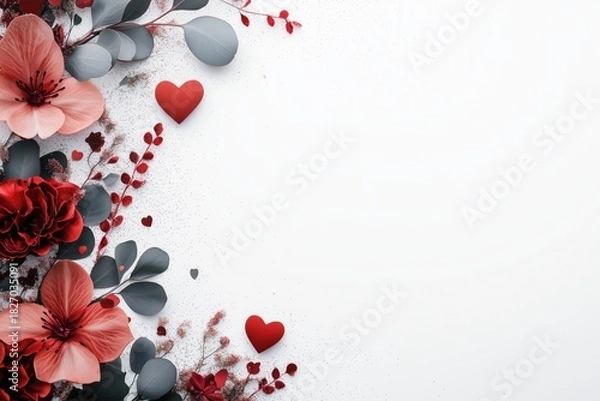 Fototapeta Frame, colorful floral arrangement with red hearts on a white background for romantic occasions. Concept of Saint Valentine Day and 8 Mart celebration.